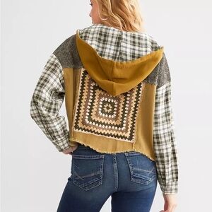 Pieced Plaid Hooded Shacket Size Small